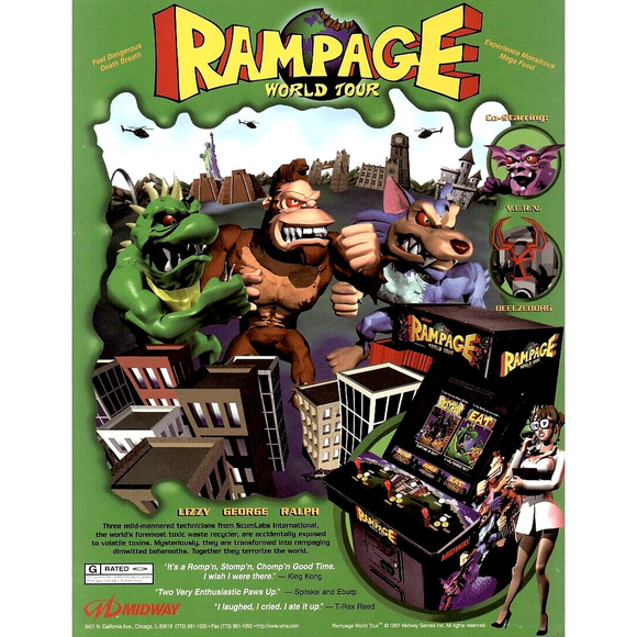 Rampage World Tour Video Arcade Game FLYER Original Ape Wolf Beast Monsters Art - Picture 1 of 2